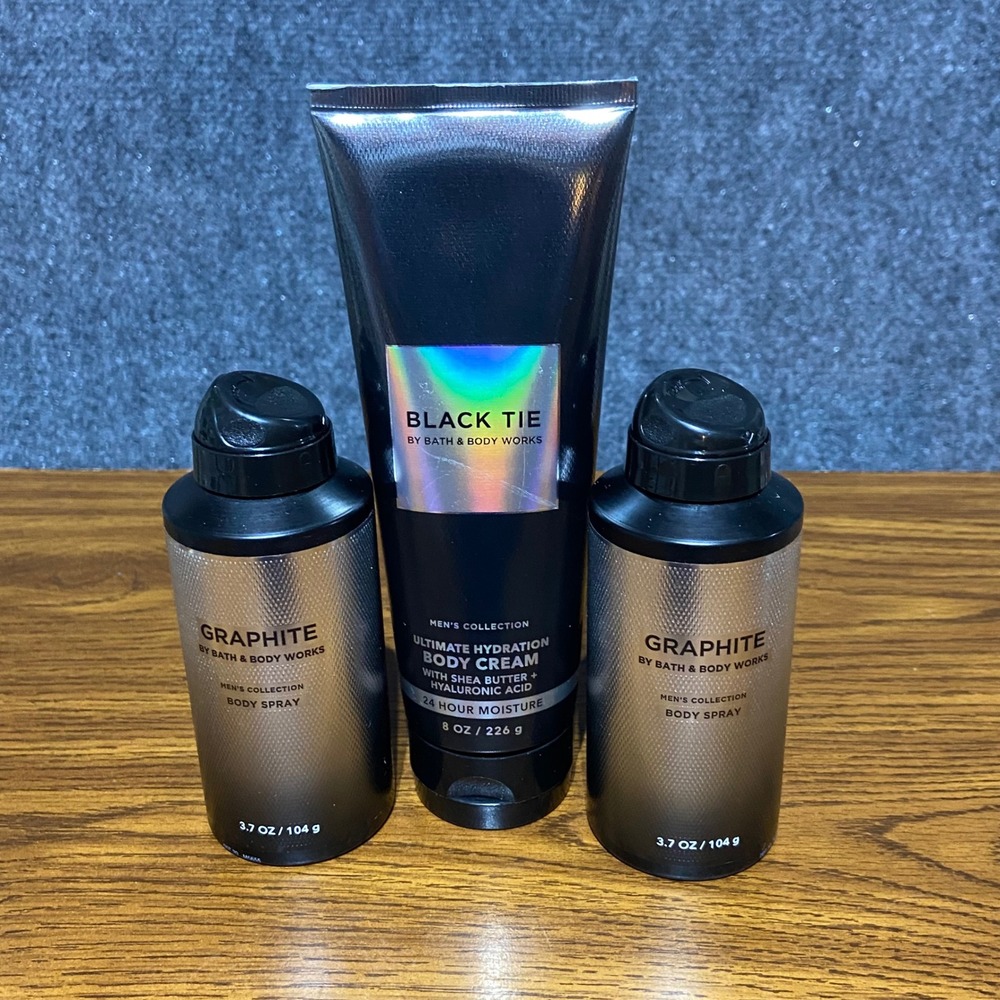 Bath & Body Works Mens Black Tie Body Cream & Graphite Body Spray 3pc Set